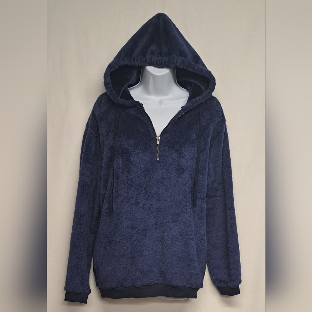 Solyinne M Blue Fleece Hoodie Sweater Long Sleeve Side Pockets Zipper